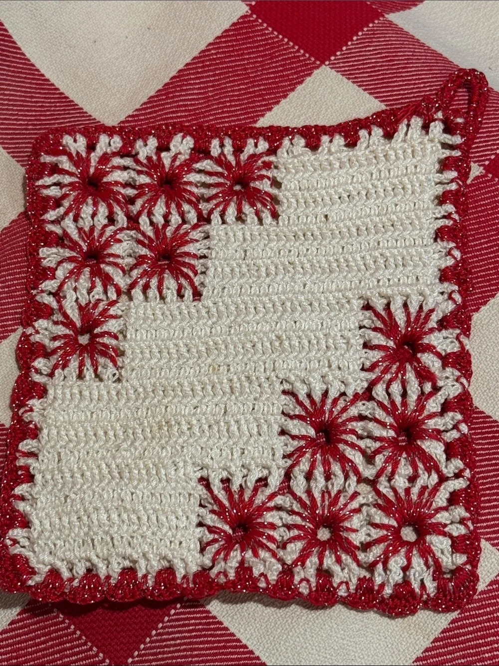 Handmade Cream and Red Crochet Pot Holder